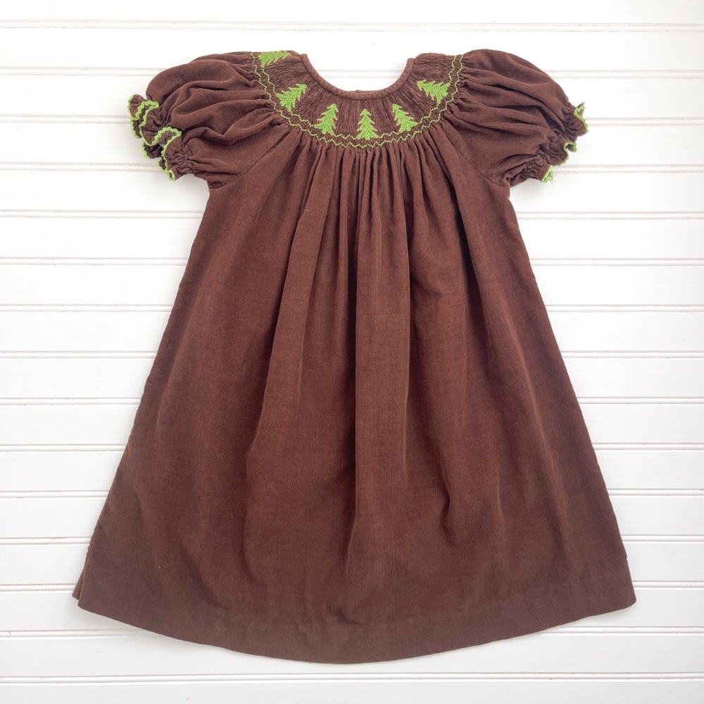 VIVE LA FETE EUC Hand Smocked Christmas Tree Corduroy Bishop Dress